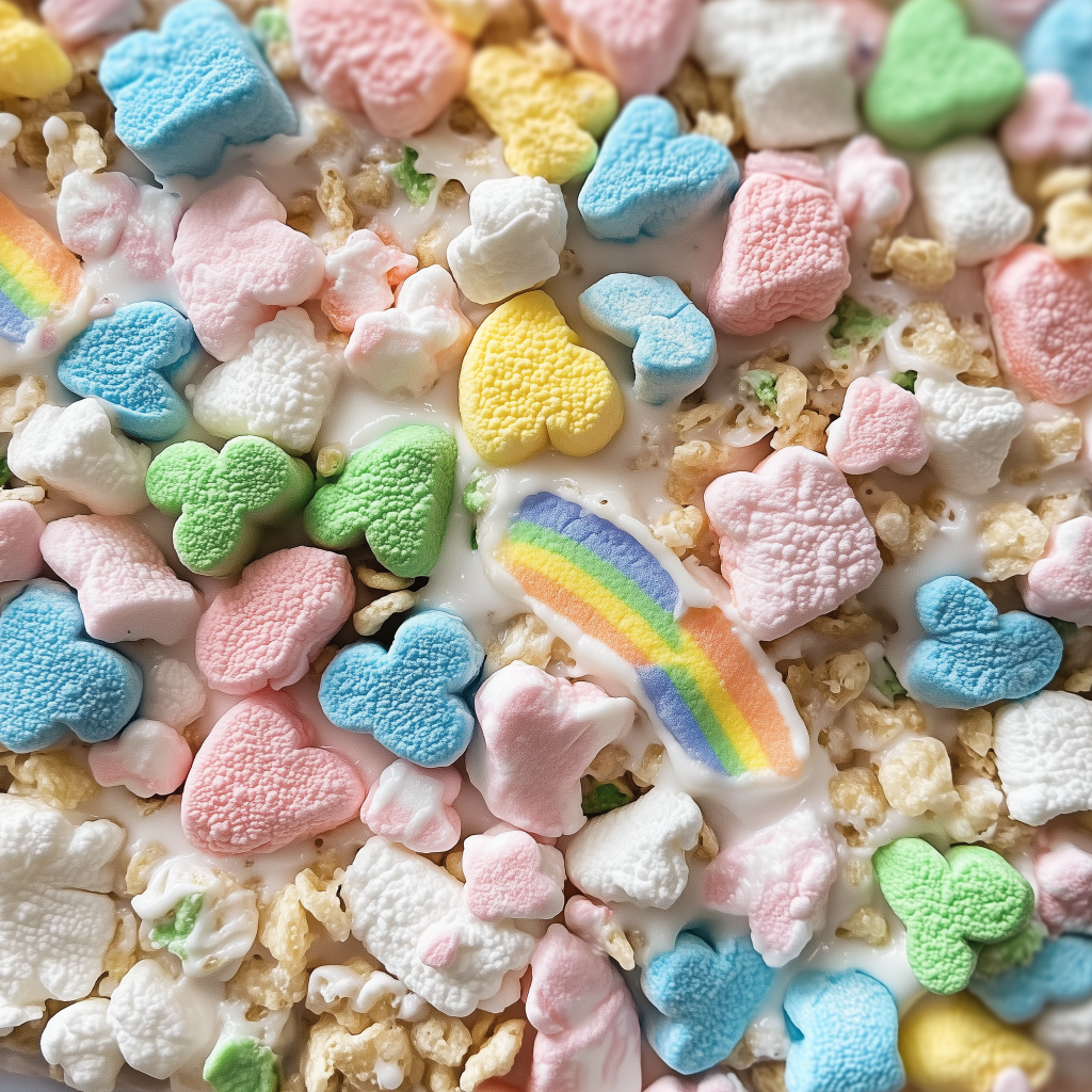 Close-up of homemade Lucky Charms cereal treats with colorful marshmallow shapes, gooey melted marshmallows, and a festive St. Patrick’s Day theme. A cheerful no-bake dessert perfect for kids and holiday celebrations.