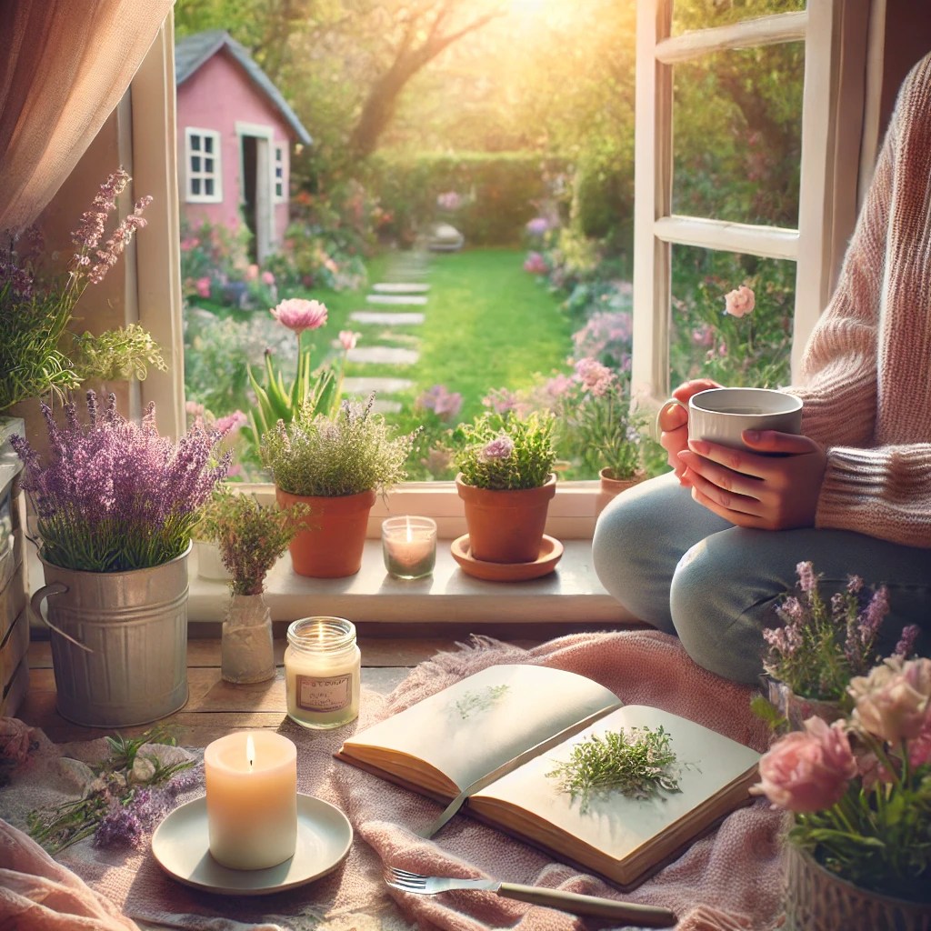 A peaceful spring morning scene with a woman sitting by an open window, holding a warm mug. Sunlight streams in, highlighting a cozy table with a journal, candle, and vase of fresh flowers. The mood is calm, soothing, and reflective—perfect for a self-care or grief healing blog post.