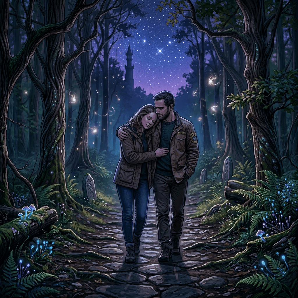A couple walking arm in arm on a stone path through a forest under a starry sky with glowing mushrooms and floating lights