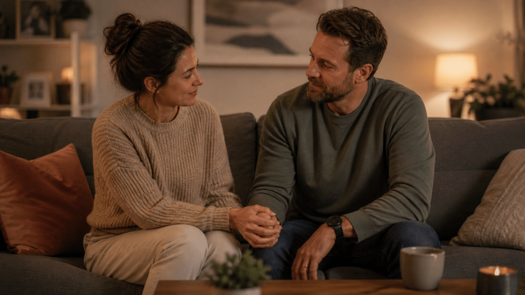 A married couple sits close together on a couch in a warmly lit living room, gently holding hands after what feels like a difficult but healing conversation. The soft lighting, cozy home setting, and calm expressions suggest emotional repair, connection, and quiet support.