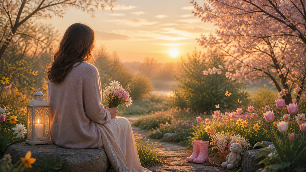 A woman sits quietly in a spring garden at sunrise, holding a bouquet of flowers as she looks toward the glowing horizon. Around her are blooming trees, tulips, butterflies, a lit lantern, and small childlike items—a pair of pink rain boots and a stuffed bunny—creating a tender, reflective image of remembrance, motherhood, and love after loss.