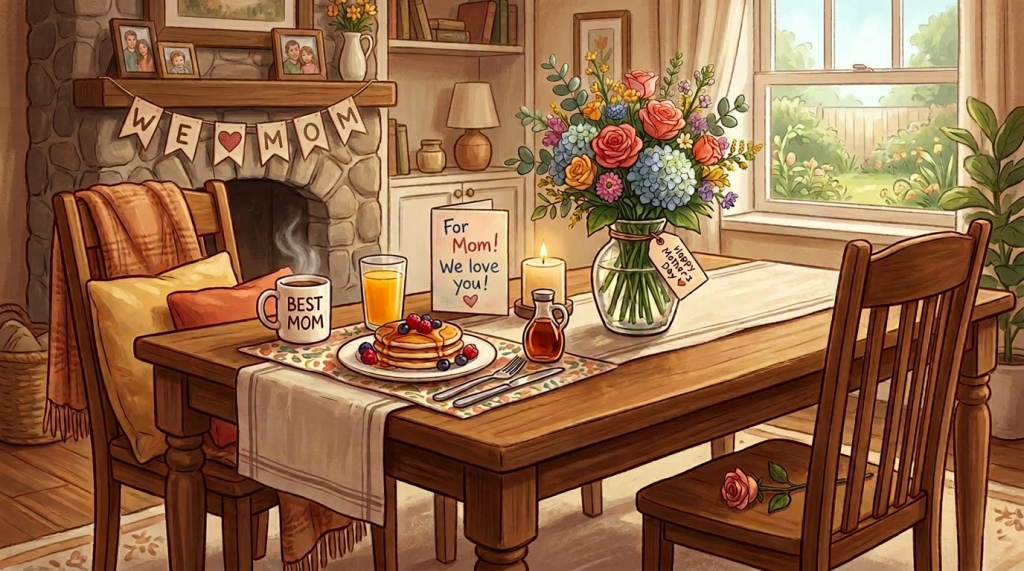 Mother's Day breakfast table with pancakes, coffee mug saying Best Mom, orange juice, flowers with Happy Mother's Day tag, and a card saying For Mom! We Miss You