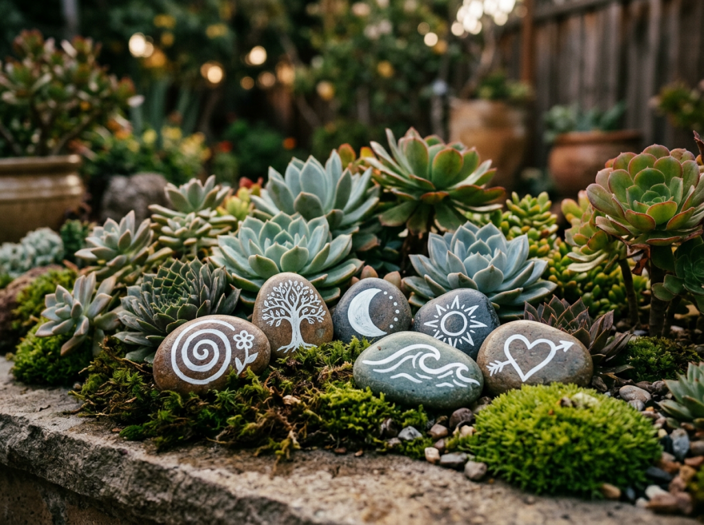 Succulents surrounding painted stones featuring spiral, tree, moon, sun, wave, and heart symbols