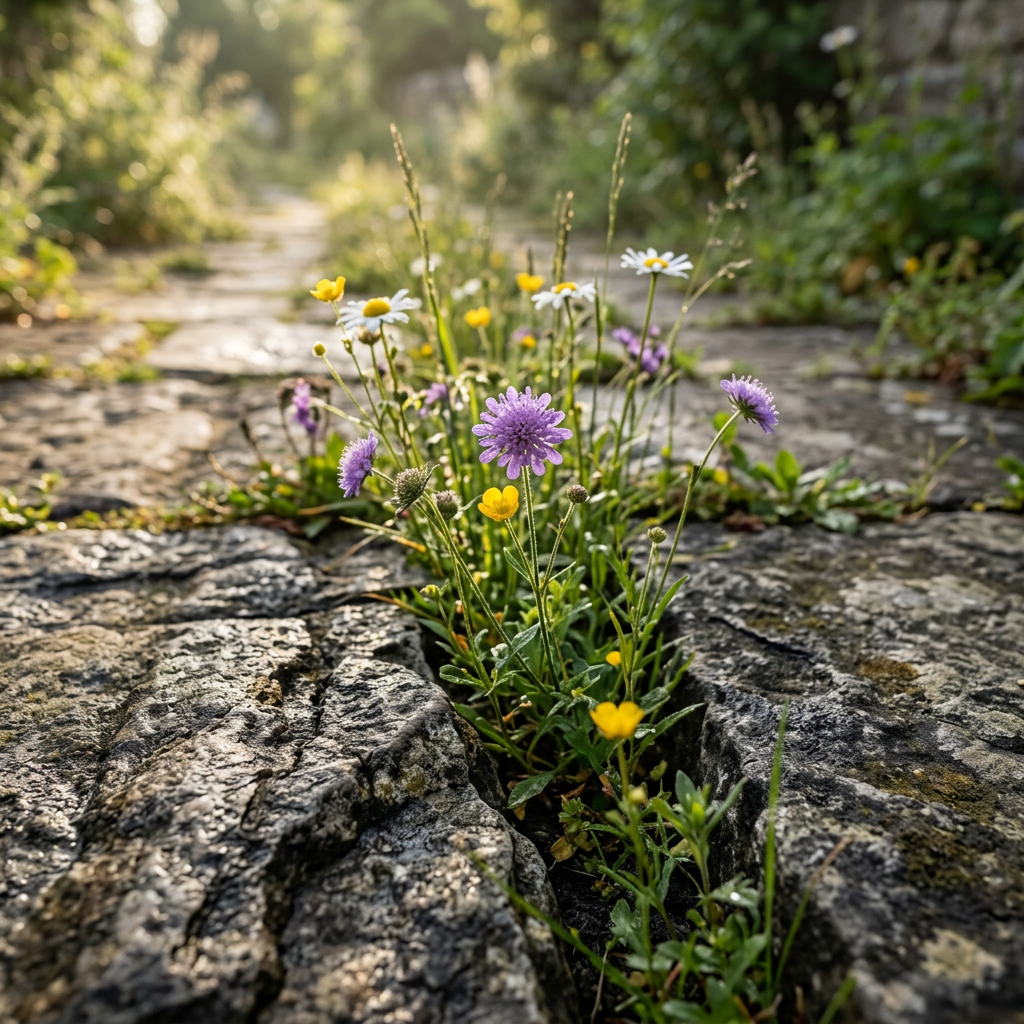 Purple, white, and yellow wildflowers growing through cracks in a stone pathway