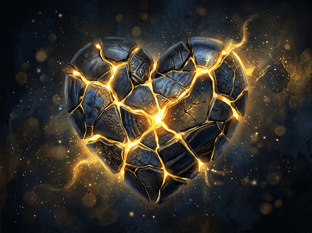 Heart-shaped stone with glowing golden cracks on dark background