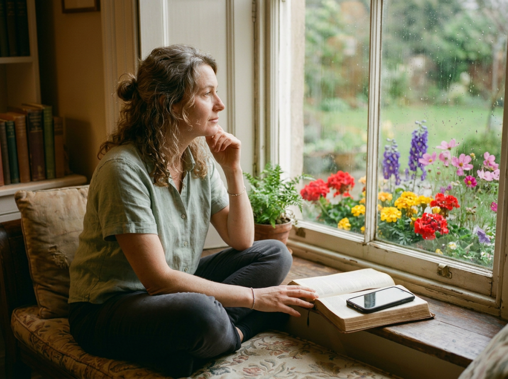 Young woman sitting cross-legged by a window on a rainy day with an open book and smartphone