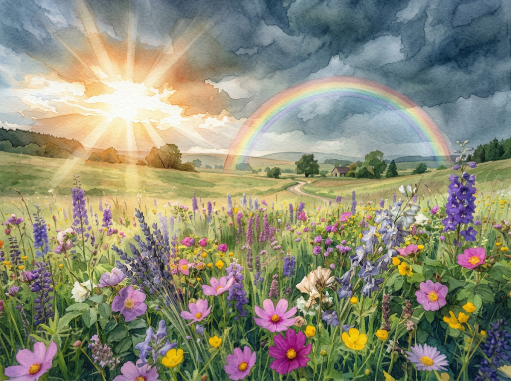 Field of colorful wildflowers under sunlit cloudy sky with rainbow and candle in foreground