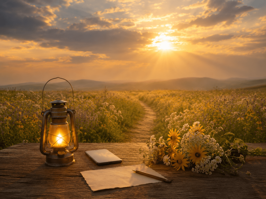A softly lit candle beside a smartphone, handwritten note, and small bouquet of flowers on a wooden table, symbolizing remembrance, hope, and reaching out for support.