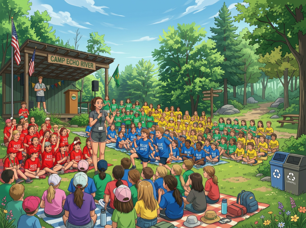 Children in colorful team shirts gathered around a camp counselor speaking with a microphone at Camp Echo River